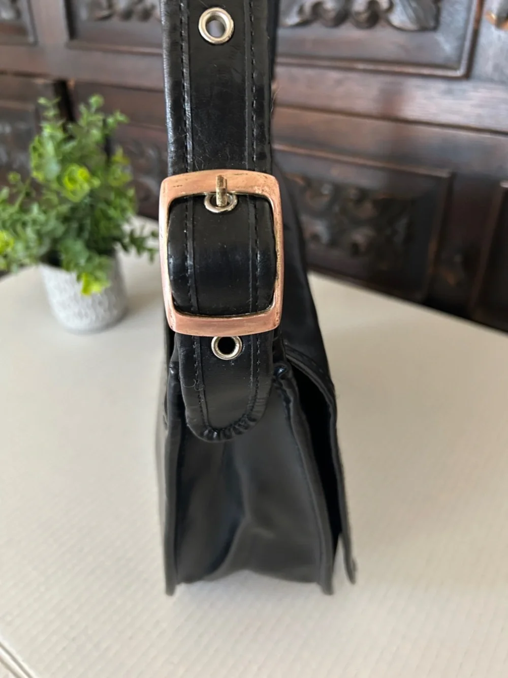 Black Leather Shoulder Bag with Adjustable Strap